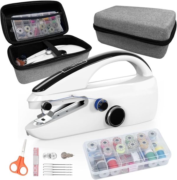 Sewing Kit:Sewing bliss in one box.Handheld sewing machine,beginner's sewing kit with storage,two power supply modes,portable mini sewing machine,Handheld Sewing Machine for Beginners.White