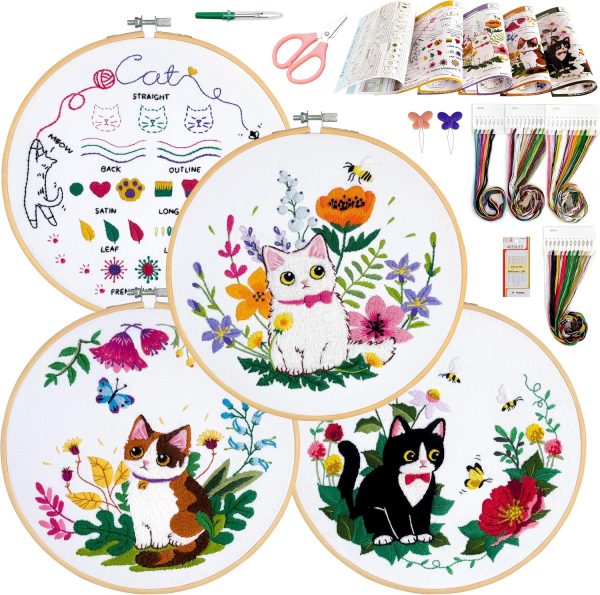 ZWZRAFT Embroidery Kit for Beginners, 4 Sets Cat Embroidery Kits, Needle Point Kits Adults Beginner, with Original Patterns, Detailed and Easy to Follow Step-by-Step Instructions